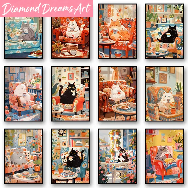 Resin Art Wallpaper - Frameless,Longhair Scottish Cat Drinking Coffee –